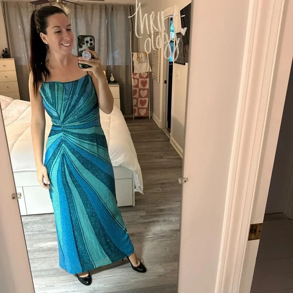 Cache Maxi Gown Formal Slip Dress Pure Silk Beaded Sequin Teal Blue New Large - Picture 1 of 13